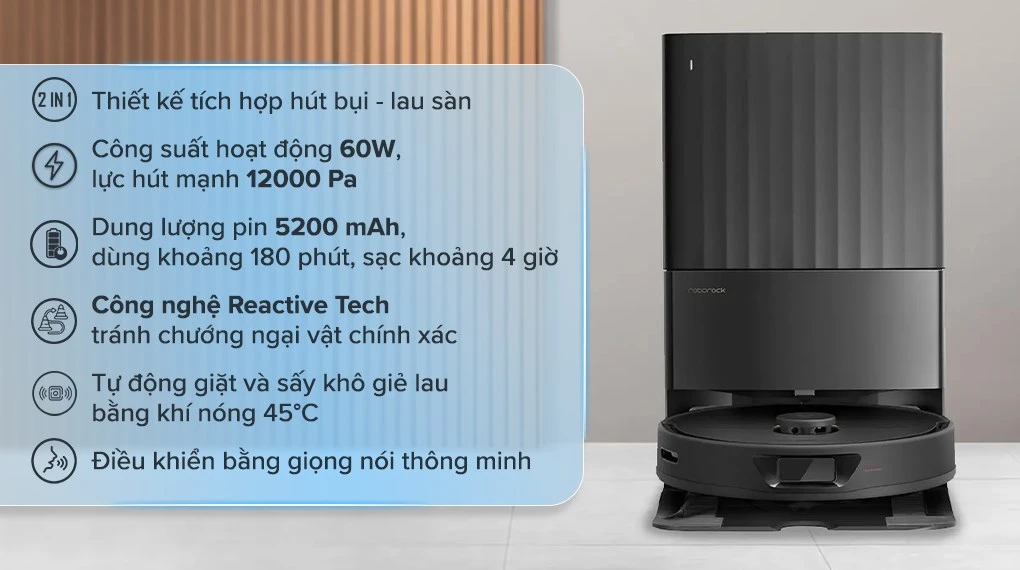 Robot hút bụi lau nhà Roborock Q Revo 5AE có hiệu suất lau dọn tối ưu với công suất hút mạnh mẽ 12000 Pa