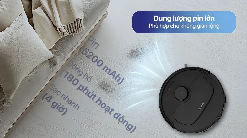 Robot hút bụi lau nhà Roborock QR 798 (đen) với dung lượng pin 5200 mAh, sử dụng trong khoảng 180 phút