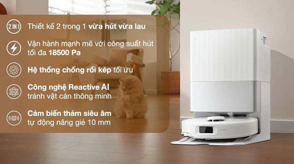 Robot hút bụi lau nhà Roborock Q Revo 5V1 (trắng) với công nghệ tránh vật cản Reactive AI nhận diện chính xác các chướng ngại và tự động né tránh một cách thông minh